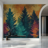 Nature wall mural transforming a home office with sunset forest views