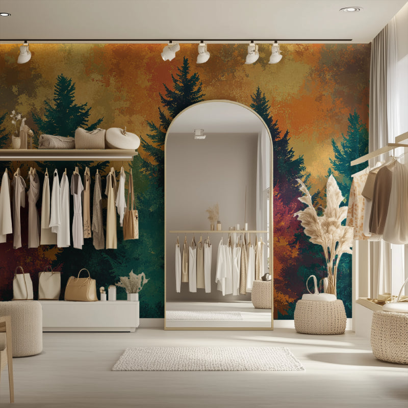 Forest themed wallpaper making a dining room feel like a woodland retreat