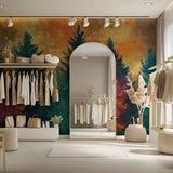 Forest themed wallpaper making a dining room feel like a woodland retreat