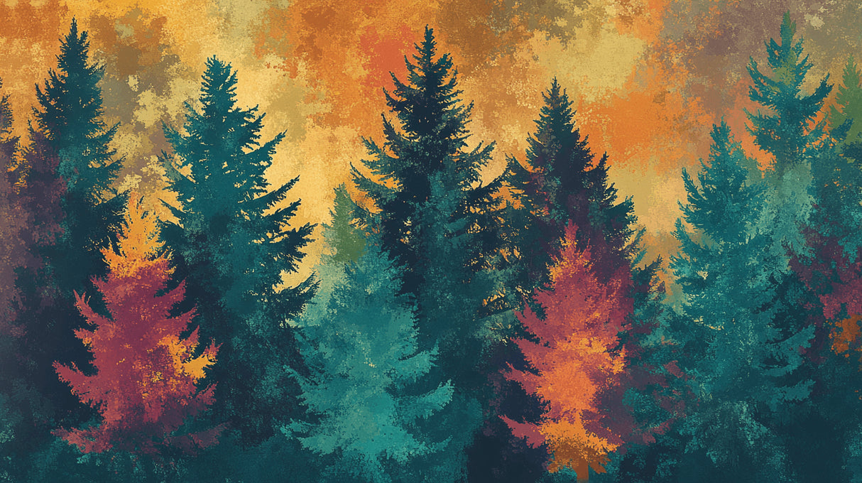 Design file showing detailed pine trees silhouettes against golden sunset sky