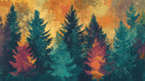 Design file showing detailed pine trees silhouettes against golden sunset sky