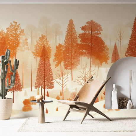 Forest wallpaper mural in warm terracotta tones creating a cozy atmosphere in a modern living room