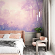 Forest mural wallpaper in modern living room showing terracotta sunset design creating warm atmosphere
