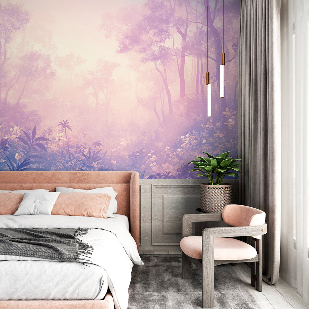 Forest mural wallpaper in modern living room showing terracotta sunset design creating warm atmosphere