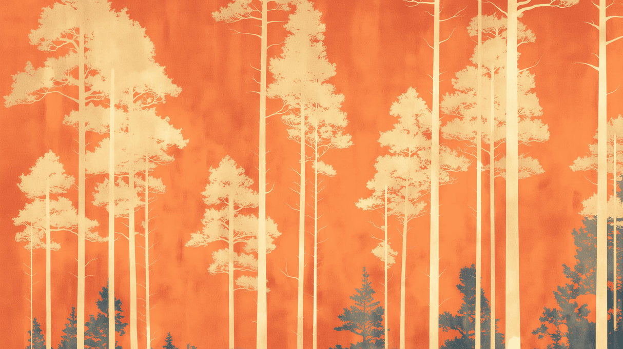 Bedroom with forest wallpaper mural featuring pine trees against terracotta sky