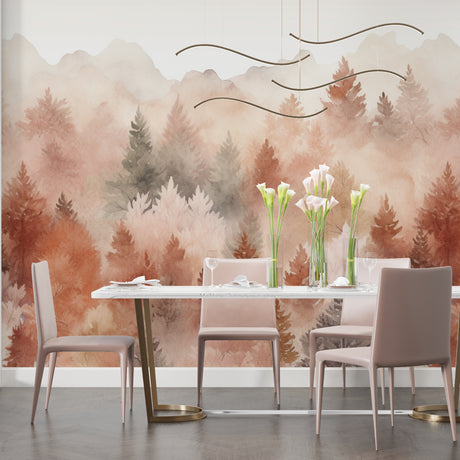 Forest wallpaper mural in modern living room creating depth with terracotta pine trees