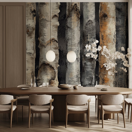 Birch tree wallpaper creating a stunning accent wall in a modern living room with natural light