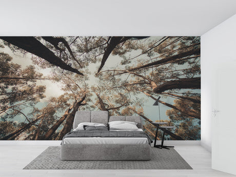 Forest tree wallpaper creating depth in modern living room with tall windows