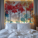 Red and turquoise forest wallpaper in modern living room creating a bold accent wall