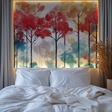 Red and turquoise forest wallpaper in modern living room creating a bold accent wall