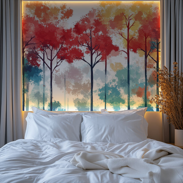 Red and turquoise forest wallpaper in modern living room creating a bold accent wall