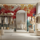 Watercolor tree mural in bedroom showing vibrant red and turquoise colors