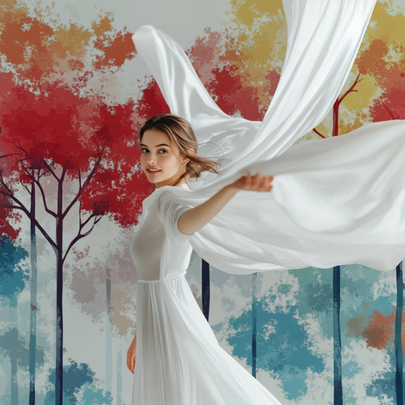 Forest wall mural adding color to minimalist home office space