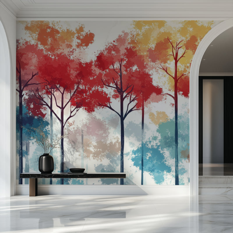 Nature inspired wallpaper brightening up dining room walls