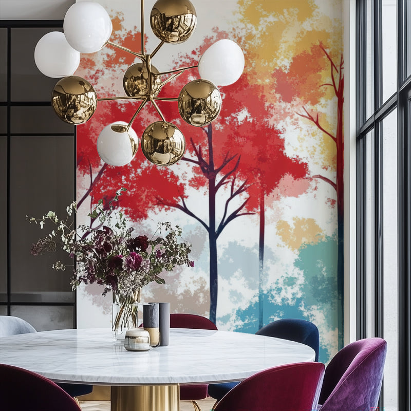 Abstract tree wallpaper installation in modern hallway