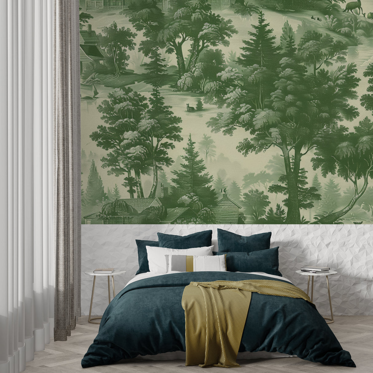 Green Toile forest wallpaper in elegant living room showing pastoral landscape scene