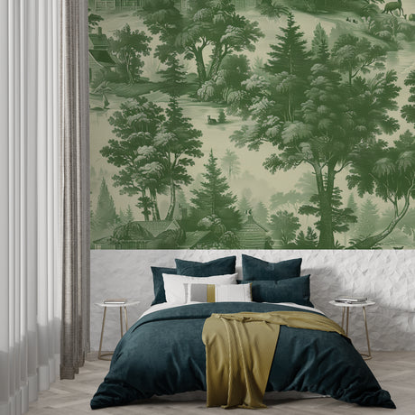Green Toile forest wallpaper in elegant living room showing pastoral landscape scene