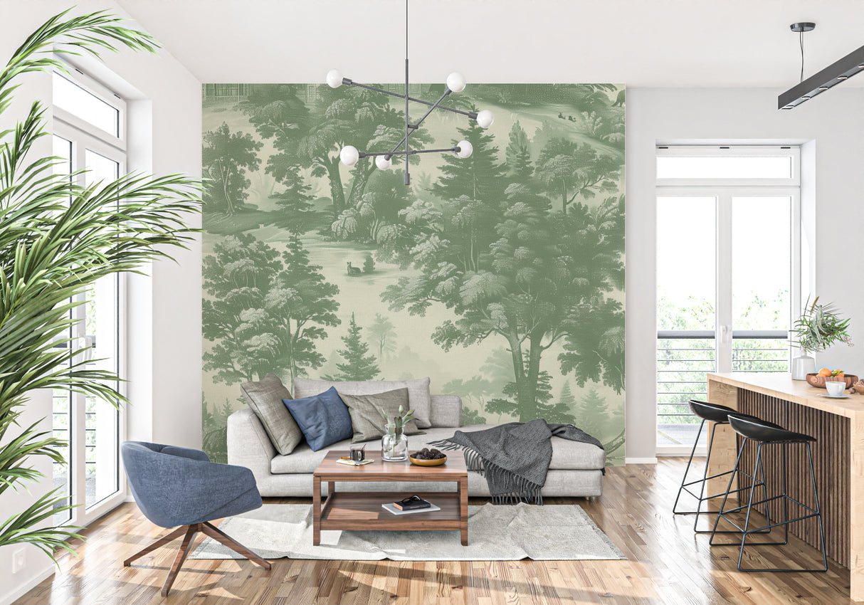 Vintage forest scene wallpaper creating depth in modern dining room