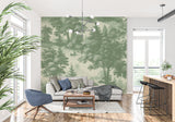 Vintage forest scene wallpaper creating depth in modern dining room