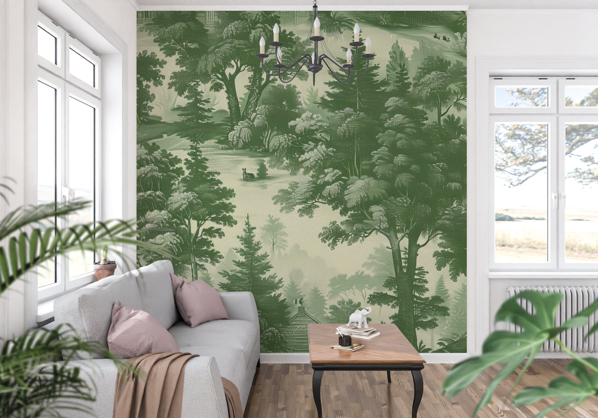 Green forest Toile de Jouy mural in cozy bedroom setting