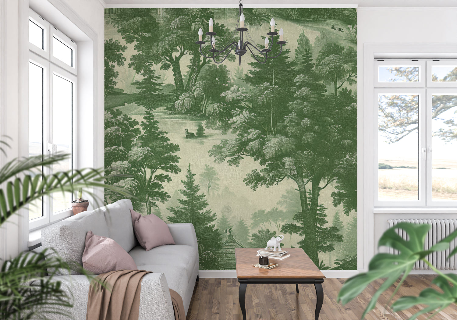 Green forest Toile de Jouy mural in cozy bedroom setting