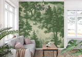 Green forest Toile de Jouy mural in cozy bedroom setting
