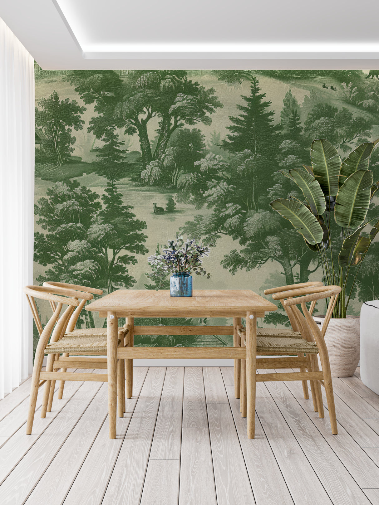 Classic forest wallpaper bringing nature into home office space