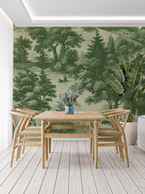Classic forest wallpaper bringing nature into home office space