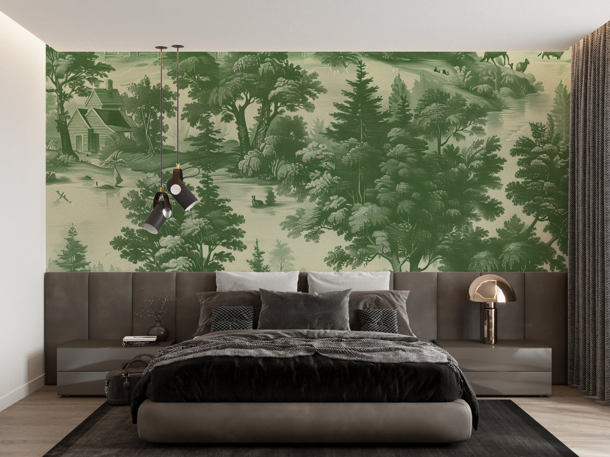 Sage green forest scene wallpaper transforming entryway walls