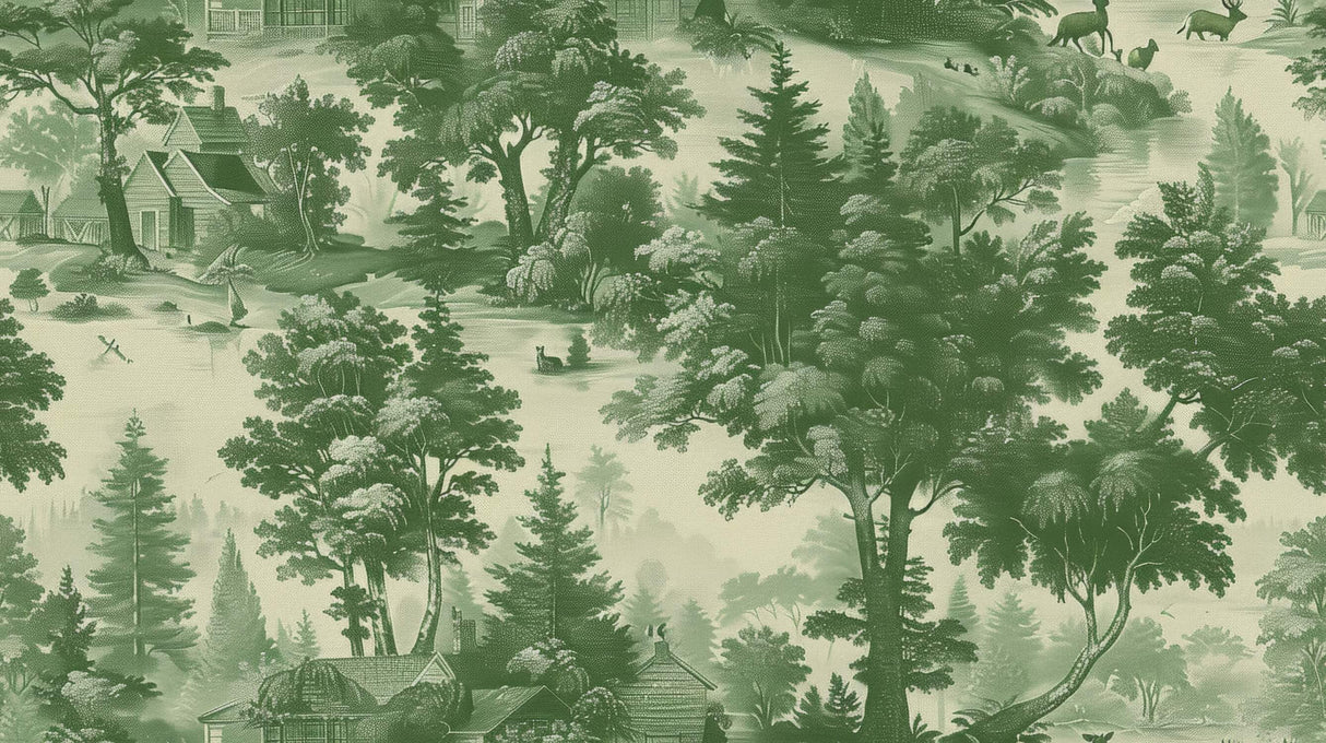 Forest Toile de Jouy design file showing detailed pastoral landscape pattern in green