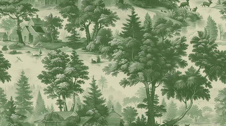 Forest Toile de Jouy design file showing detailed pastoral landscape pattern in green