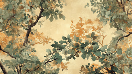 Design file showing detailed oak leaves and branches pattern on warm beige background