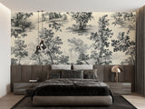 Vintage forest mural creating an elegant backdrop in a hallway