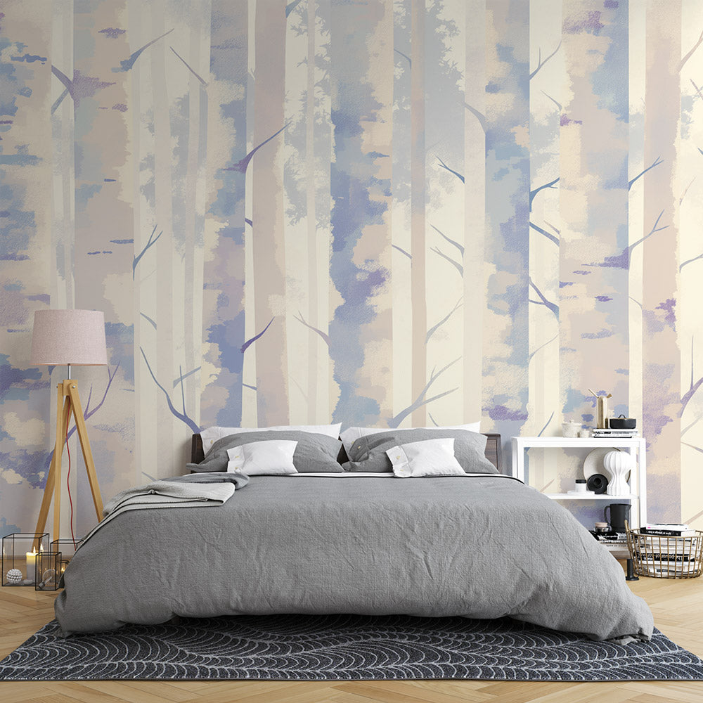 Forest Mural Wallpaper creating a serene atmosphere in a modern living room with white furniture