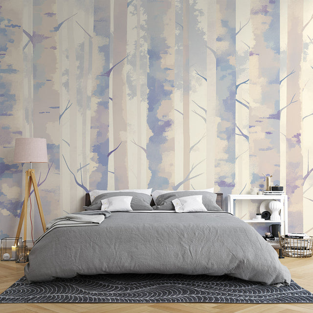 Forest Mural Wallpaper creating a serene atmosphere in a modern living room with white furniture