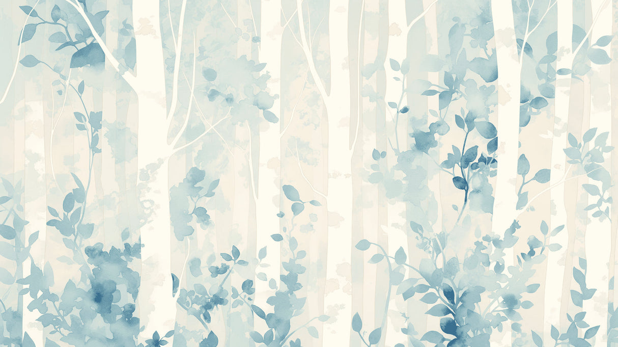 Watercolor blue leaves wall mural adding serenity to a minimalist bedroom setting