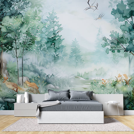 Forest wallpaper mural in modern living room showing watercolor trees and birds creating depth