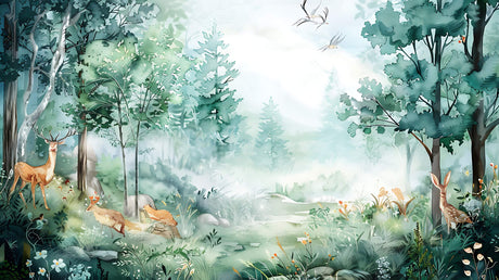 Forest and birds wallpaper design file showing full pattern and watercolor details