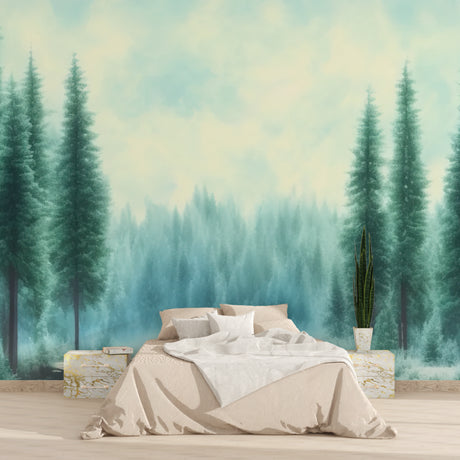 Forest mural wallpaper creating a peaceful atmosphere in a modern living room with natural light