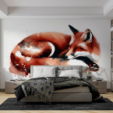 Cozy nursery with Watercolor Fox Mural Wallpaper creating a peaceful woodland atmosphere perfect for bedtime stories