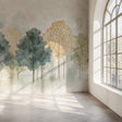 Forest mural wallpaper creating depth in modern living room with grey sofa and natural light