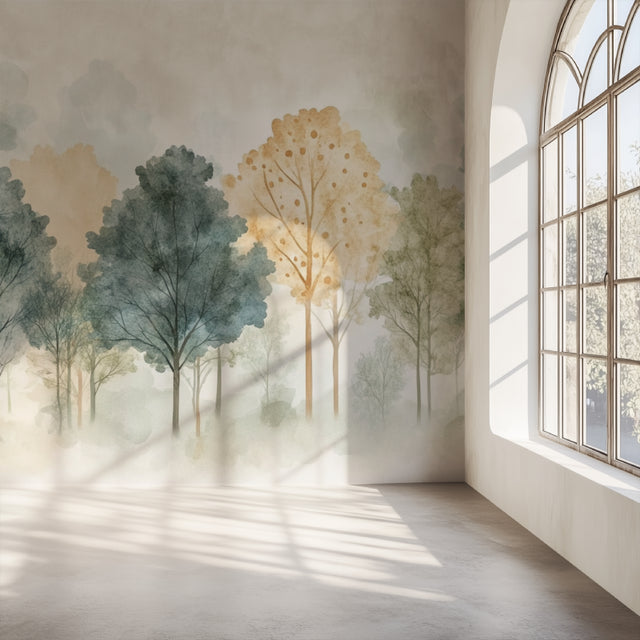 Forest mural wallpaper creating depth in modern living room with grey sofa and natural light