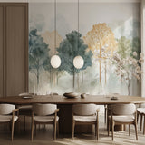 Watercolor forest wallpaper in cozy bedroom with wooden furniture
