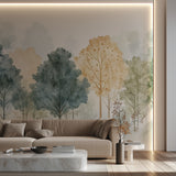 Forest wallpaper detail in home office with natural lighting
