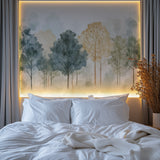 Beige forest mural creating calm atmosphere in reading nook
