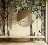 Watercolor forest wallpaper creating depth in cozy bedroom setting