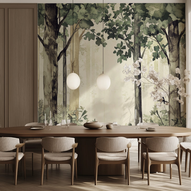 Nature wall mural with birds in minimalist dining room space