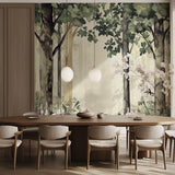 Nature wall mural with birds in minimalist dining room space