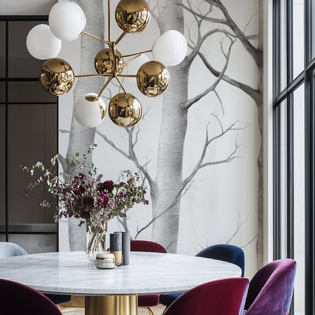 Grey and white birch tree wallpaper in a modern living room creating a peaceful atmosphere