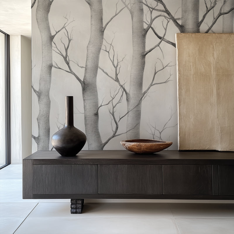 Winter forest wall mural brightening a cozy bedroom with soft grey tones